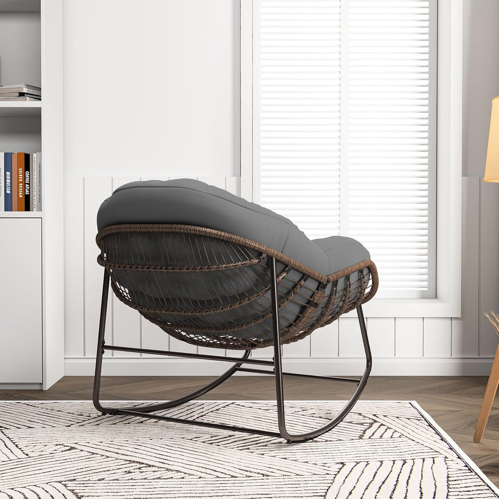 BestAlice Chaise à Bascule d'extérieur avec Coussins, Fauteuil a Bascule Exterieur Interieur en rotin, Fauteuil de Jardin Exterieur avec Coussins en Tissu rembourré pour Porche, Jardin