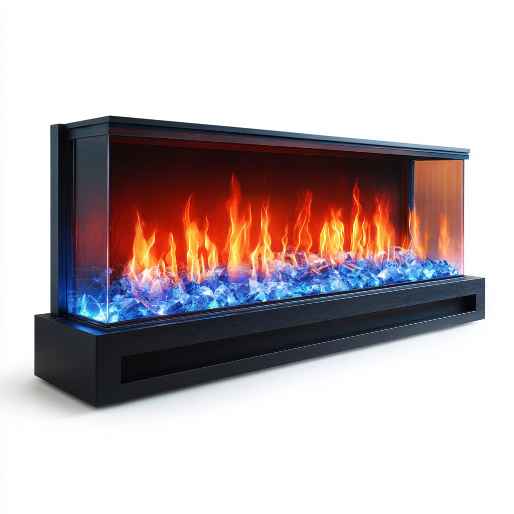 Cheminée électrique panoramique 150x22x48 cm - métal/verre trempé - noir - flamme LED multicolore
