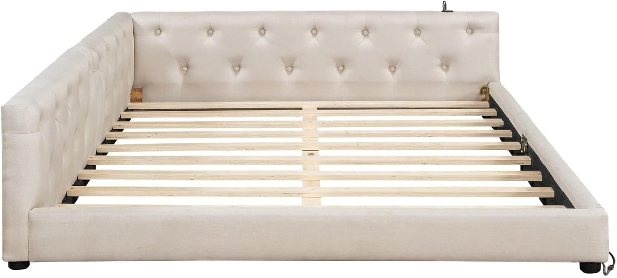 EURHCIO Canapé Lit 2 Places 140x200,Cadre de Lit Double avec Éclairage LED Réglable,Port USB-C,Sommier à Lattes Solide,pour Adultes Adolescents,Lin Beige, 140x200