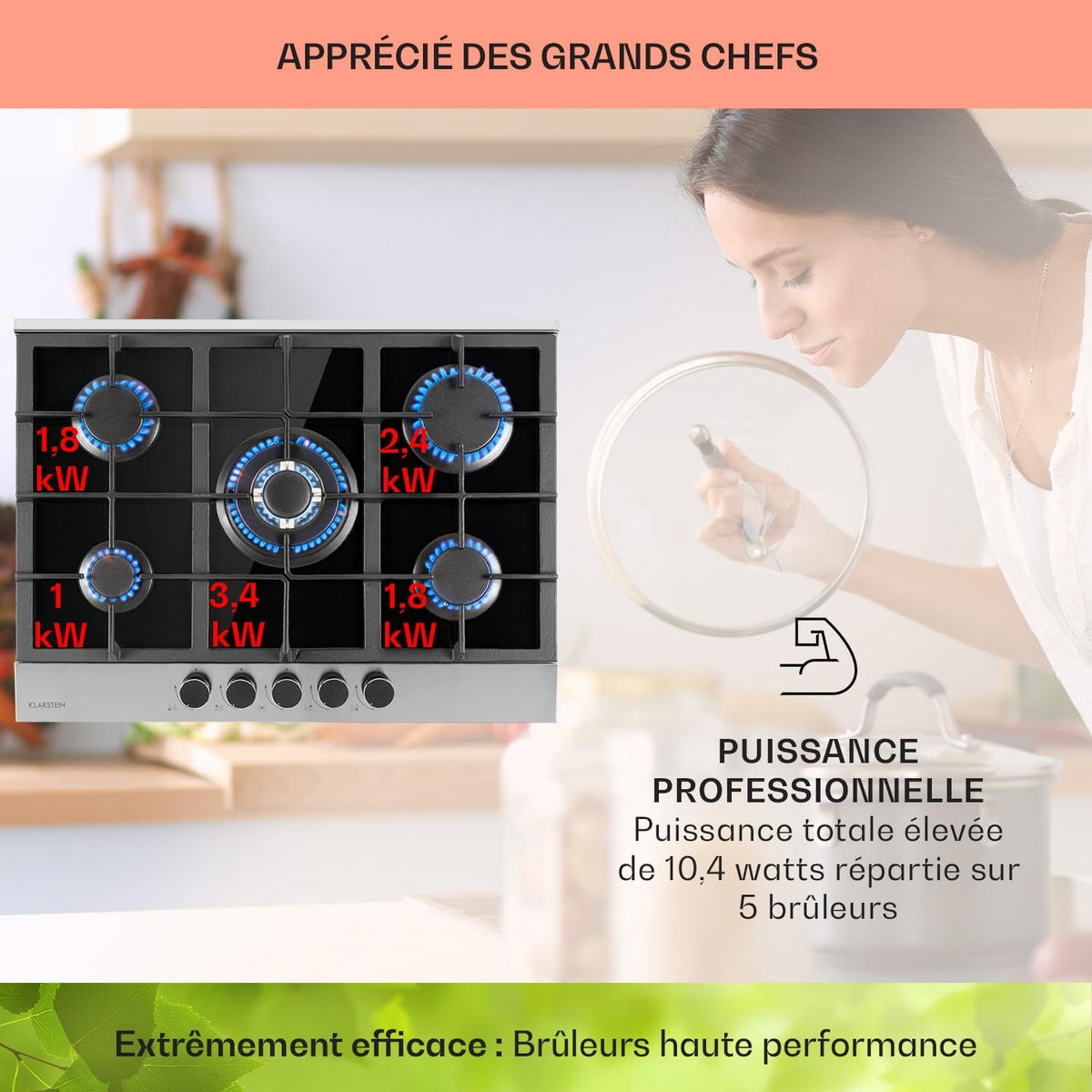 Klarstein 10.4 kW Inox Plaque de Cuisine Gaz Encastrable 5 Feux, Table de Cuisson à Gaz 5 Brûleurs, Piano Gaz en Acier Inoxydable