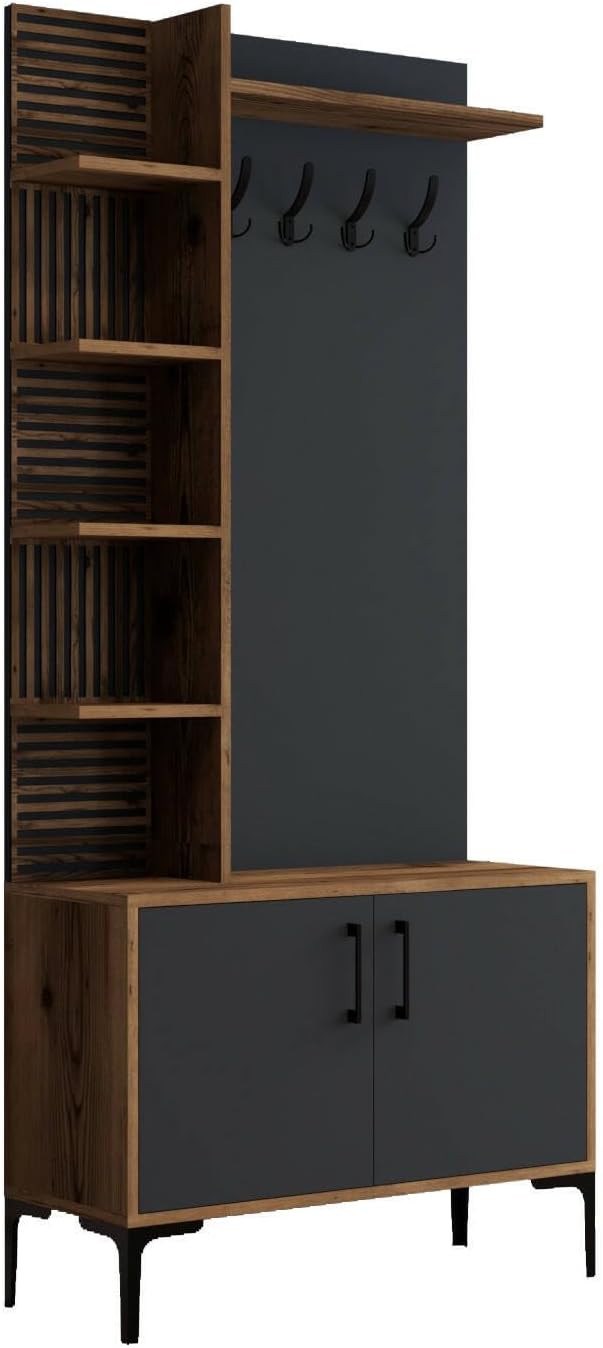 Dmora - Meuble d'entrée Calista, Crochet d'entrée, Composition pour l'atrium, Console de Rangement Multifonction, 90x35h200 cm, Noyer et Anthracite