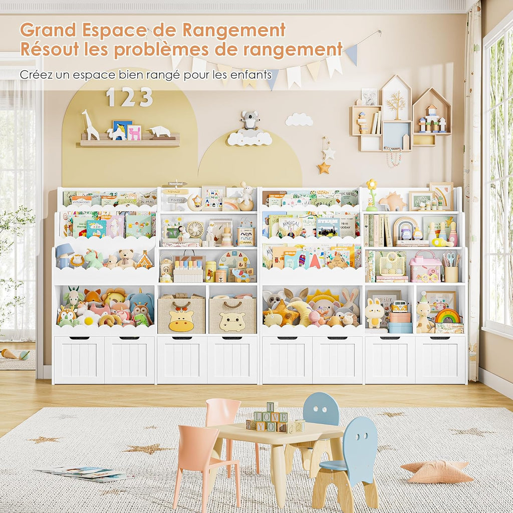 FOREHILL Meuble Rangement Enfant Bibliothèque Enfant avec 4 Boîtes Amovibles 9 Étagères Rangement Jouet pour Chambre d’Enfants Salle de Jeu 125x40x120 cm Blanc