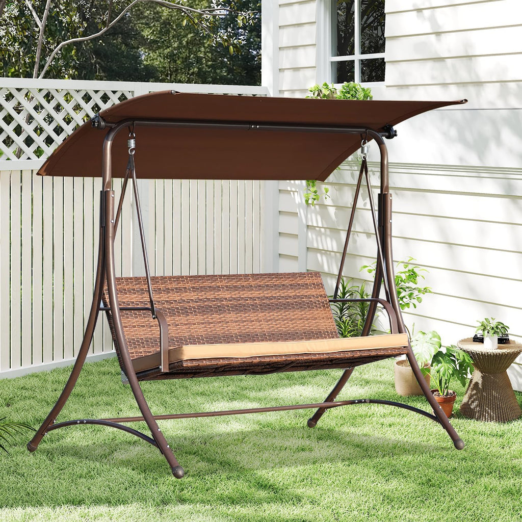 Angel Living Balancelle de Jardin 159T, avec Toit Marron et Chaise en rotin tissé, 170 x 110 x 153 cm 3 Places