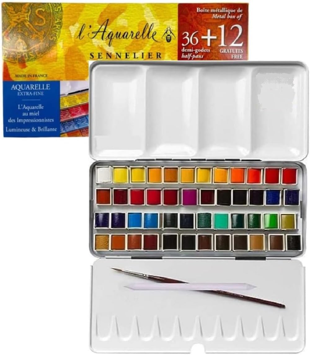Sennelier Boîte de Peinture Aquarelle Extra-Fines,48 demi-godets Boîte en métal(36 +12) avec 2 pinceaux + 2 cartes postales et estompe EMI CRAFT