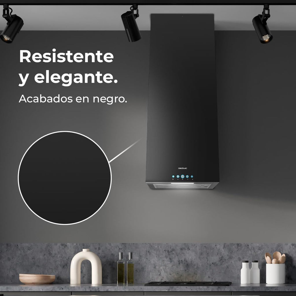 Cecotec Hotte Aspirante 38cm îlot Carré Bolero Flux Ict 388000 Black A++. Finition Noire, Aspiration 800M3/H, Moteur 210W, Commande Electronique, Lumière, Filtre à Charbon