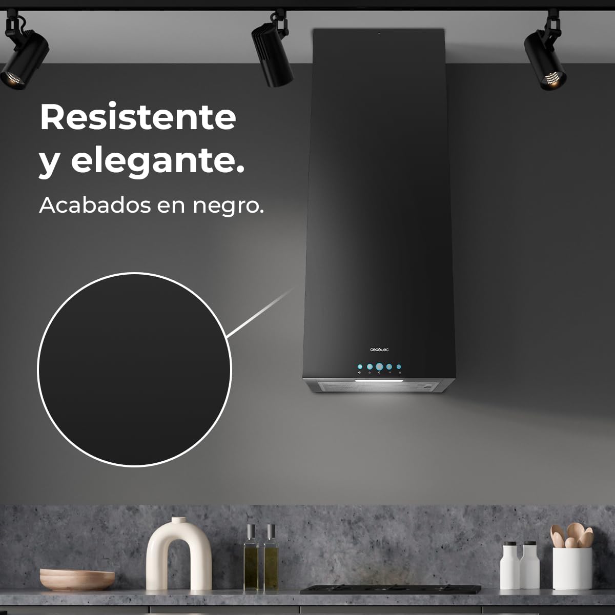 Cecotec Hotte Aspirante 38cm îlot Carré Bolero Flux Ict 388000 Black A++. Finition Noire, Aspiration 800M3/H, Moteur 210W, Commande Electronique, Lumière, Filtre à Charbon