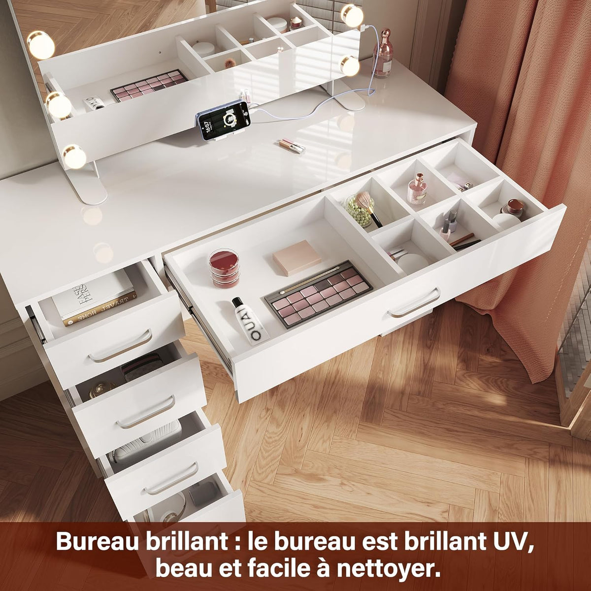 SIRHONA Coiffeuse sans Miroir, Table de Maquillage avec 5 Tiroirs Rangement, Table de Maquillage avec 6 Cloison,Blanc Bureau Coiffeuse, 120x40x77cm