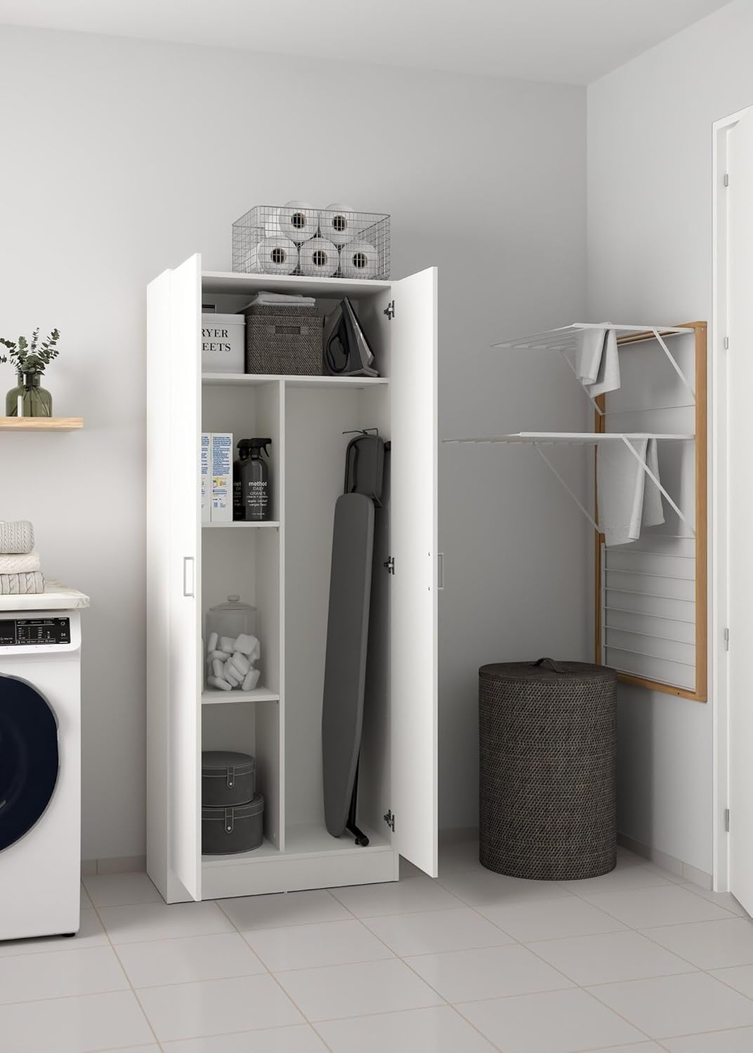 Dmora - Armoire polyvalent Charleston, Armoire à balais avec 2 portes, Étagère à chaussures avec étagères, Placard à balai, 73x37h180 cm, Blanc