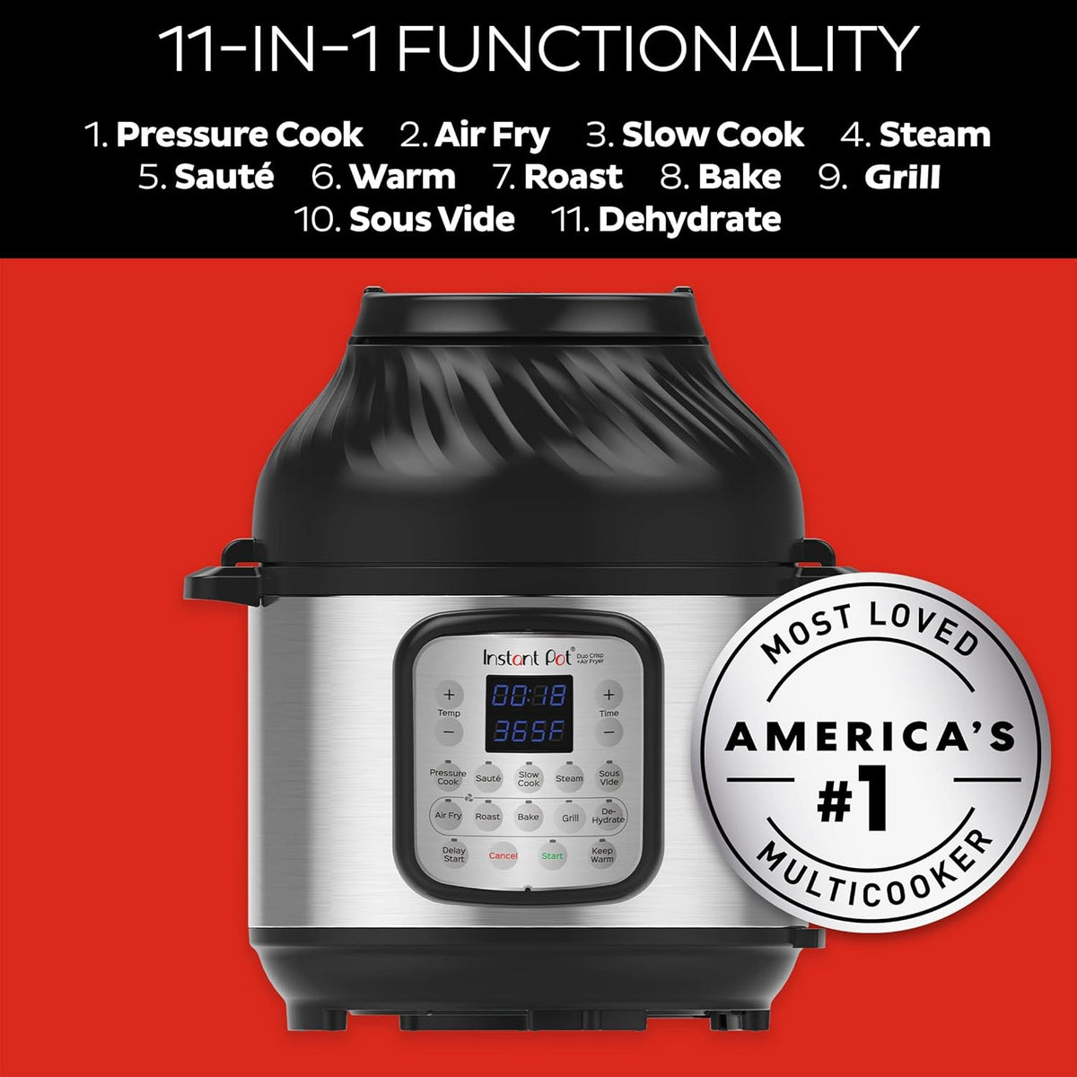 Instant Pot Multicuiseur 11 en 1 Duo Crisp + Air Fryer, 8 L : autocuiseur, friteuse à air, mijoteuse, cuiseur à vapeur, machine sous vide, déshydrateur avec gril, réchaud et fonctions de cuisson