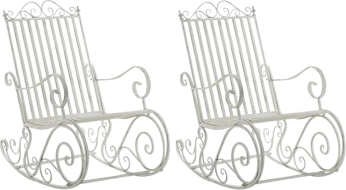 CLP Lot De 2 Fauteuils A Bascule en Fer Forgé Smilla I Rocking-Chair D'Extérieur avec Dossier Haut Et Accoudoirs, Couleur:Blanc Antique