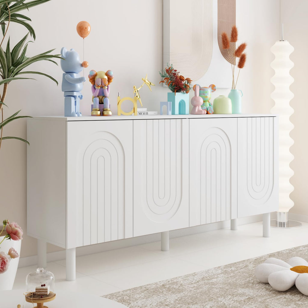PREMTURE Buffet blanc - Armoire de rangement à 4 portes - Design élégant avec bouton pression - Pieds en bois massif - 160 x 80 x 40 cm