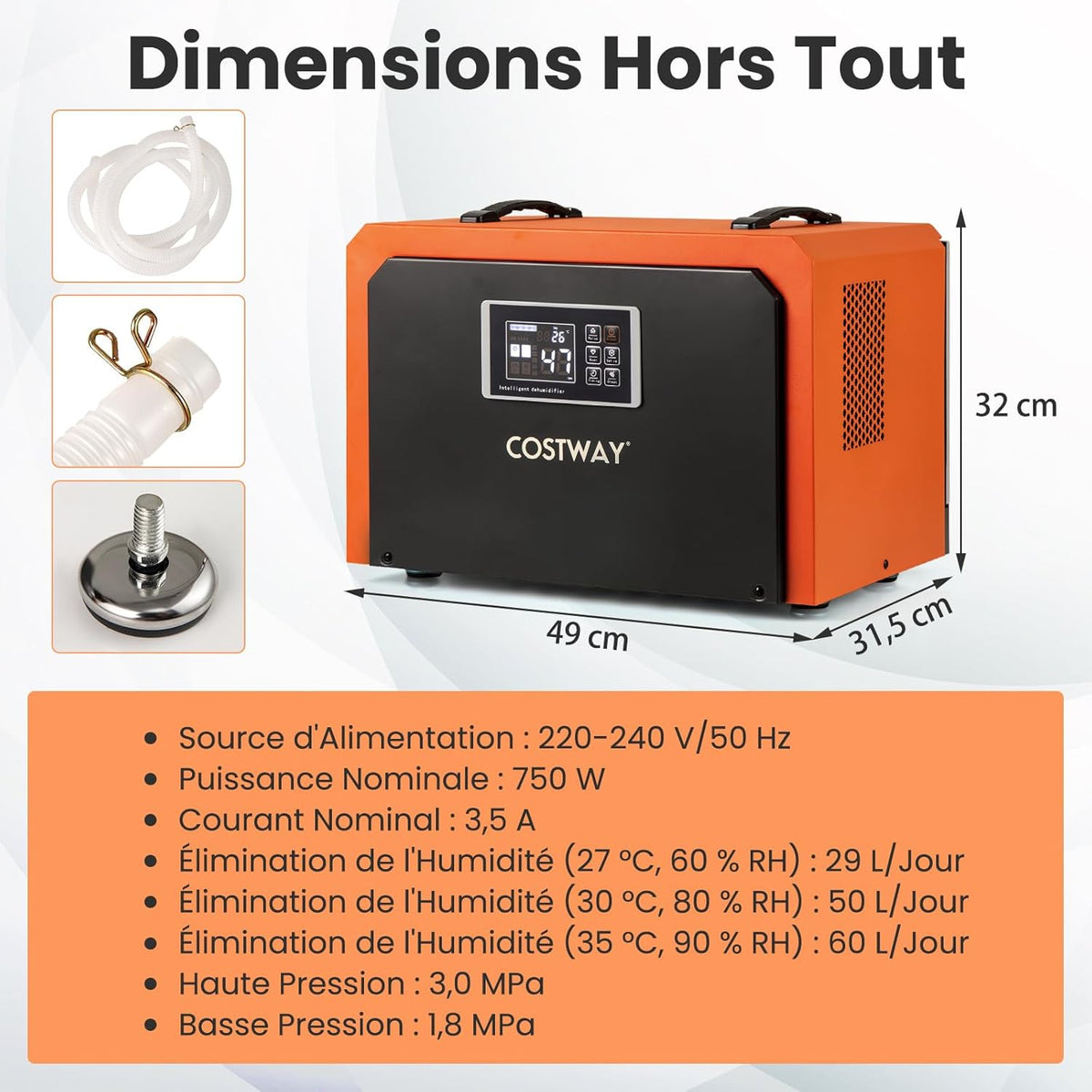 COSTWAY Déshumidificateur Professionnel 60 L/Jour, Déshumidificateur d'Air Électrique avec Minuterie 24H Restauration des Dégats d'Eau Dégivrage Automatique, Jusqu'à 560 ㎡pour Sous-sol Chantier