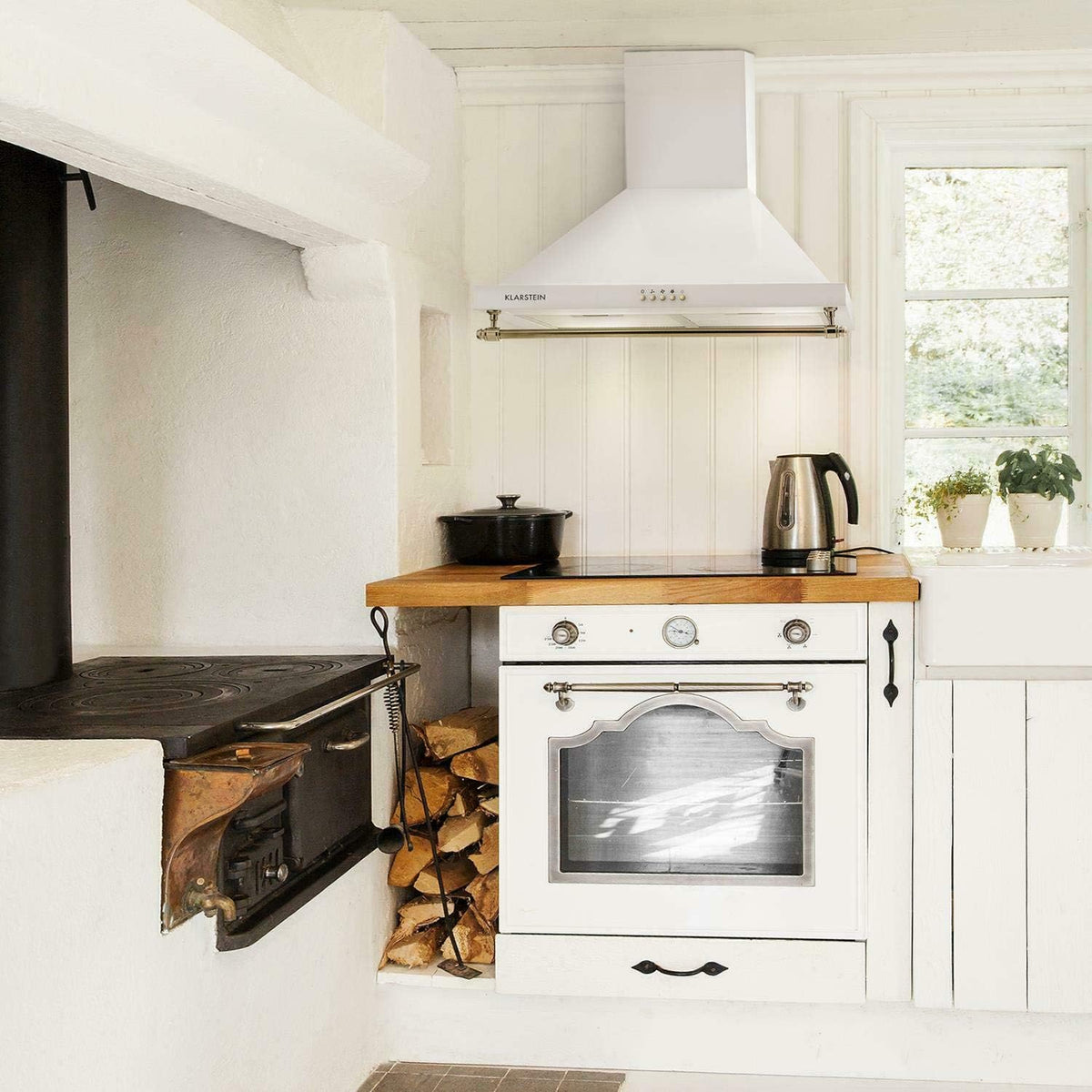 KLARSTEIN 60 - Hotte cuisine sans evacuation, Hotte pas cher, extraction/circulation, 3 niveaux, max. 610 m3/h, fixation murale, filtre à graisse aluminium - blanc