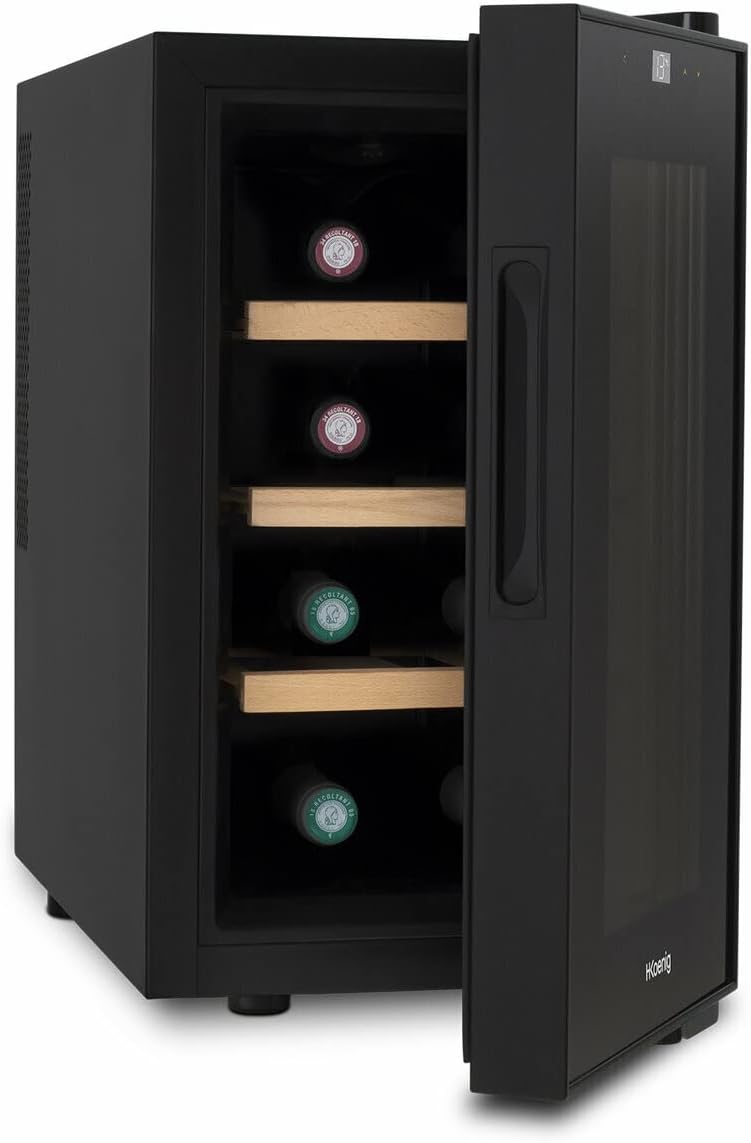 H.Koenig Cave à vin Réfrigérante Thermo Electrique 8 bouteilles de conservation AGE8 25L, Professionnelle Inox, multi température 11°C-18°C, Silencieuse, Eclairage intérieur, 3 Etagères