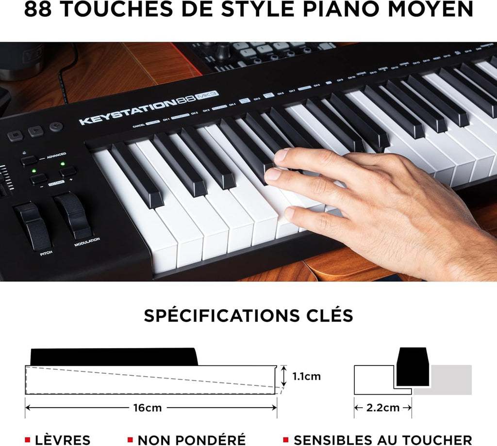 M-AUDIO Keystation 88 MK3 – Clavier MIDI USB 88 touches semi-lestées pour contrôler les synthétiseurs virtuels et les stations audionumériques