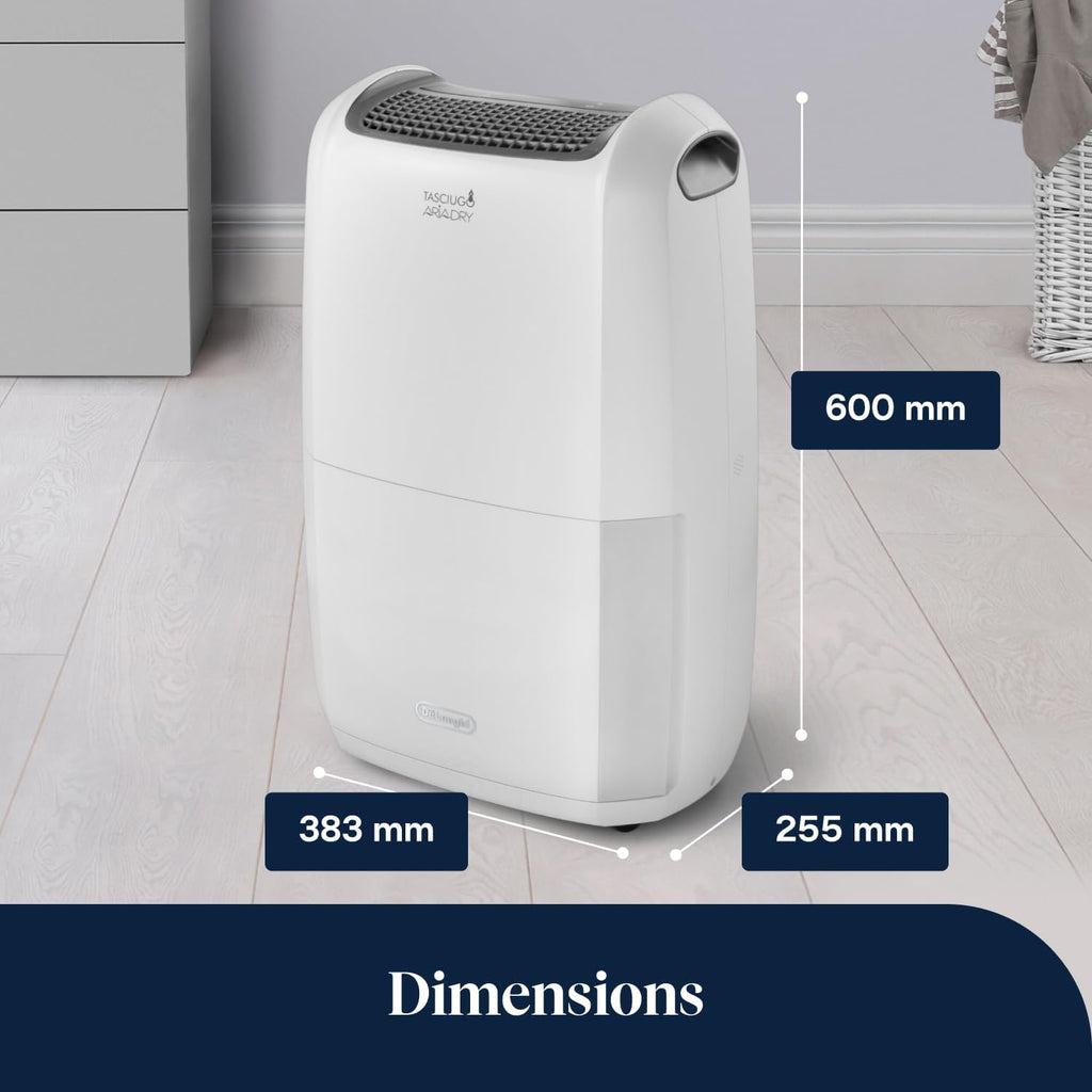 De’Longhi Tasciugo AriaDry Multi - Déshumidificateur Portable pour la Maison, Élimination de l'Humidité 20L/24h, Séchage, Anti-Moisissure, Minuteur, Silencieux, Blanc (DDSX220)