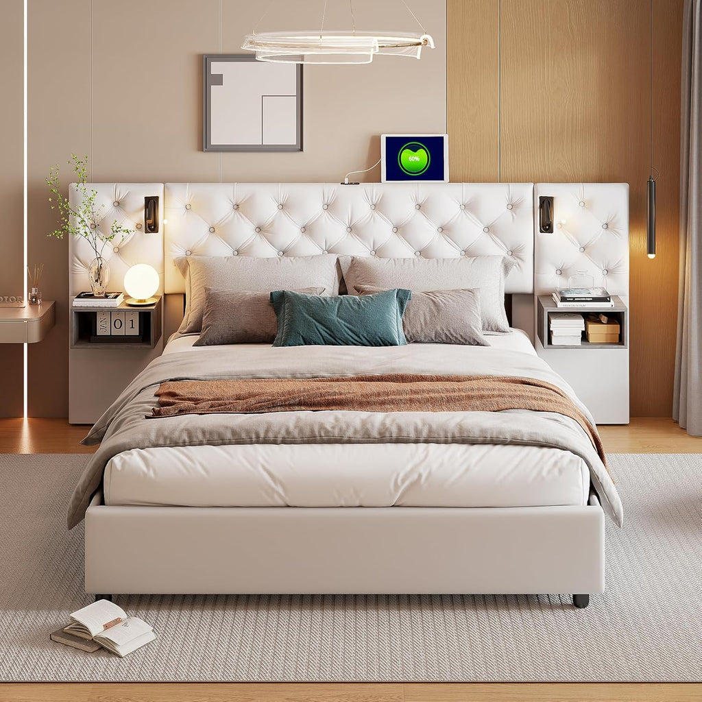 Julyue Lit double avec tables de chevet, 160 x 200 cm, rembourré, lampe de lecture et USB, hydraulique, rangement, cadre en bois, blanc