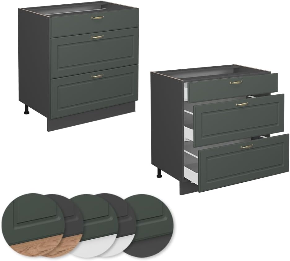 Vicco Meuble Cuisine Fame-Line, Vert Or Campagne/Anthracite, 80 cm avec 3 tiroirs, PT Chêne