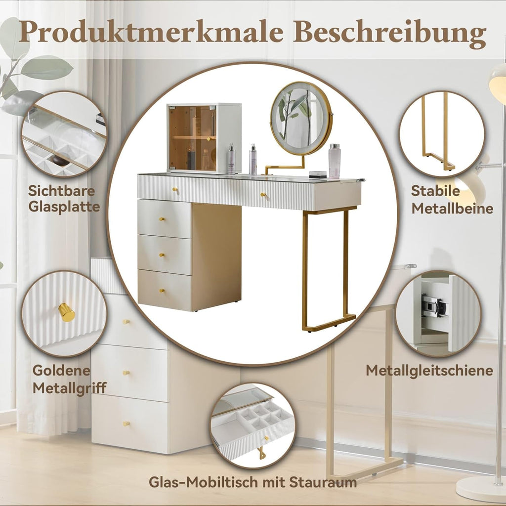 PUGSDRLY Coiffeuse 100x40x78cm avec Miroir et Tiroirs,Offrant Un Vaste Espace de Rangement Compartimenté Tabouret Non Inclus