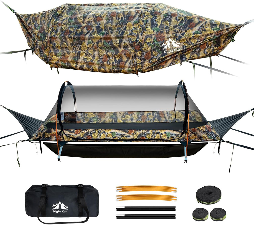 Night Cat Hamac Tente Fond Plat pour 1 Personne avec Moustiquaire Couverture Imperméable et Espace de Rangement Supplémentaire Randonnée Camping dans Jardin Arrière Cour Sauvage