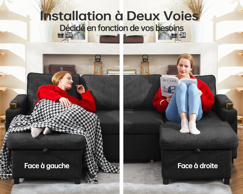 DURASPACE Canapé d'angle Convertible, Canapé Lit 3 Places en L avec Chaise Réversible, Canapé avec Rangement, Port USB et Porte-gobelet