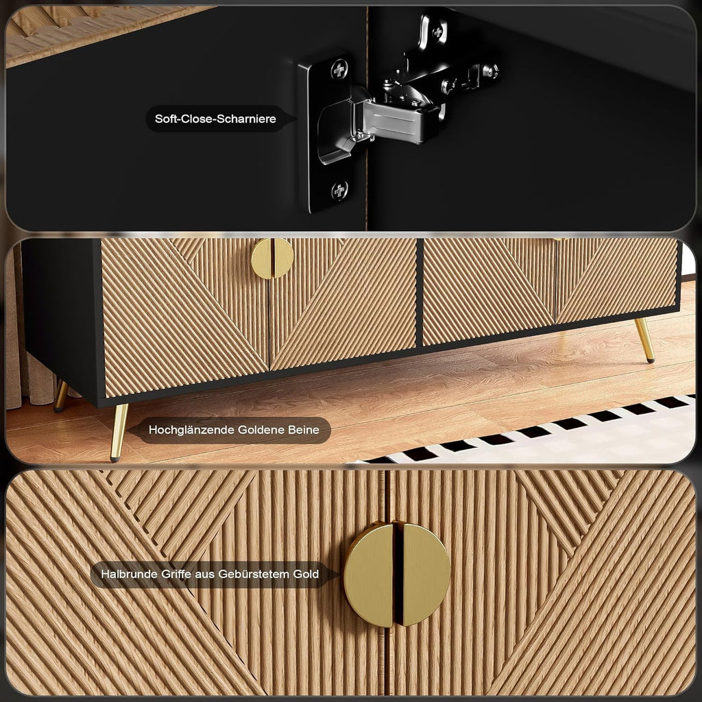 WASAGA Buffet avec Texture en Relief 160 cm, Armoire avec Quatre Portes Poignées Brossées Dorées et Pieds de Table Brillants Noir + Bois