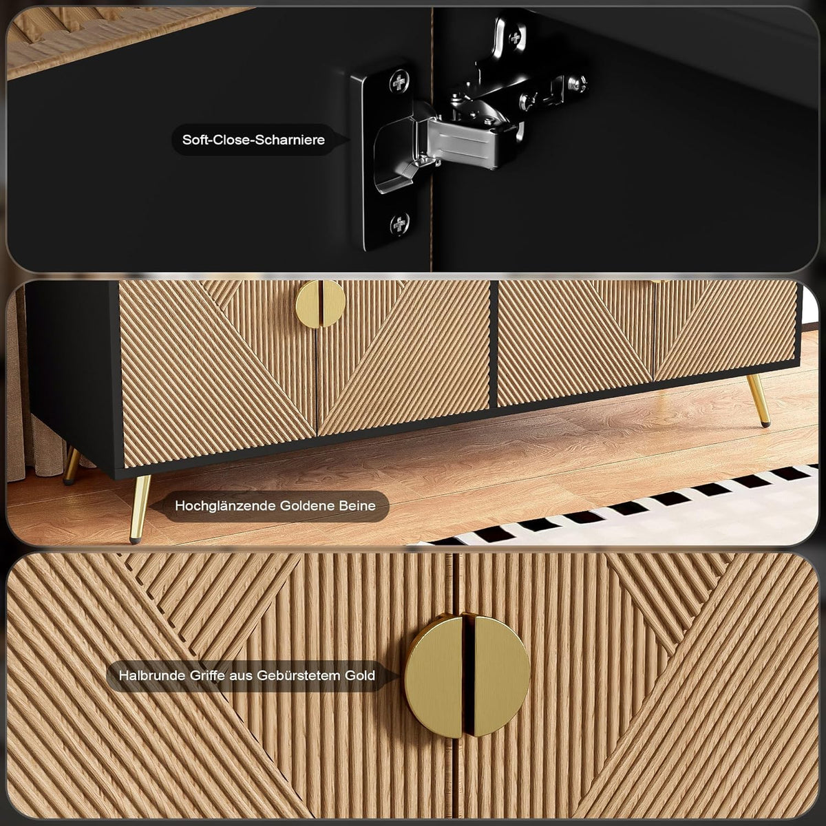 WASAGA Buffet avec Texture en Relief 160 cm, Armoire avec Quatre Portes Poignées Brossées Dorées et Pieds de Table Brillants Noir + Bois