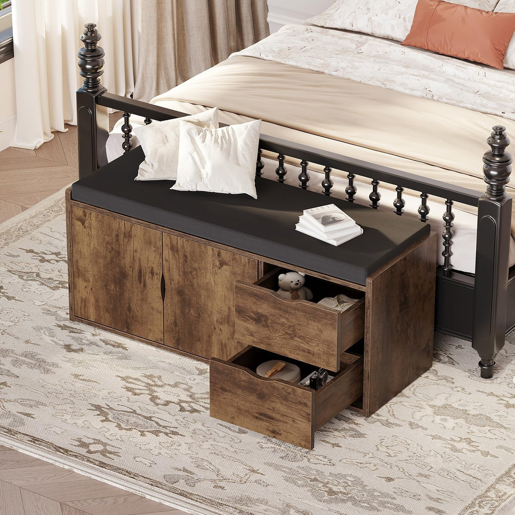 LVB Banc de Rangement Multifonction Banc à Chaussures rembourré avec tiroir pour entrée Salon ou Chambre Couleur Marron Rustique 101 x 45 x 34 cm