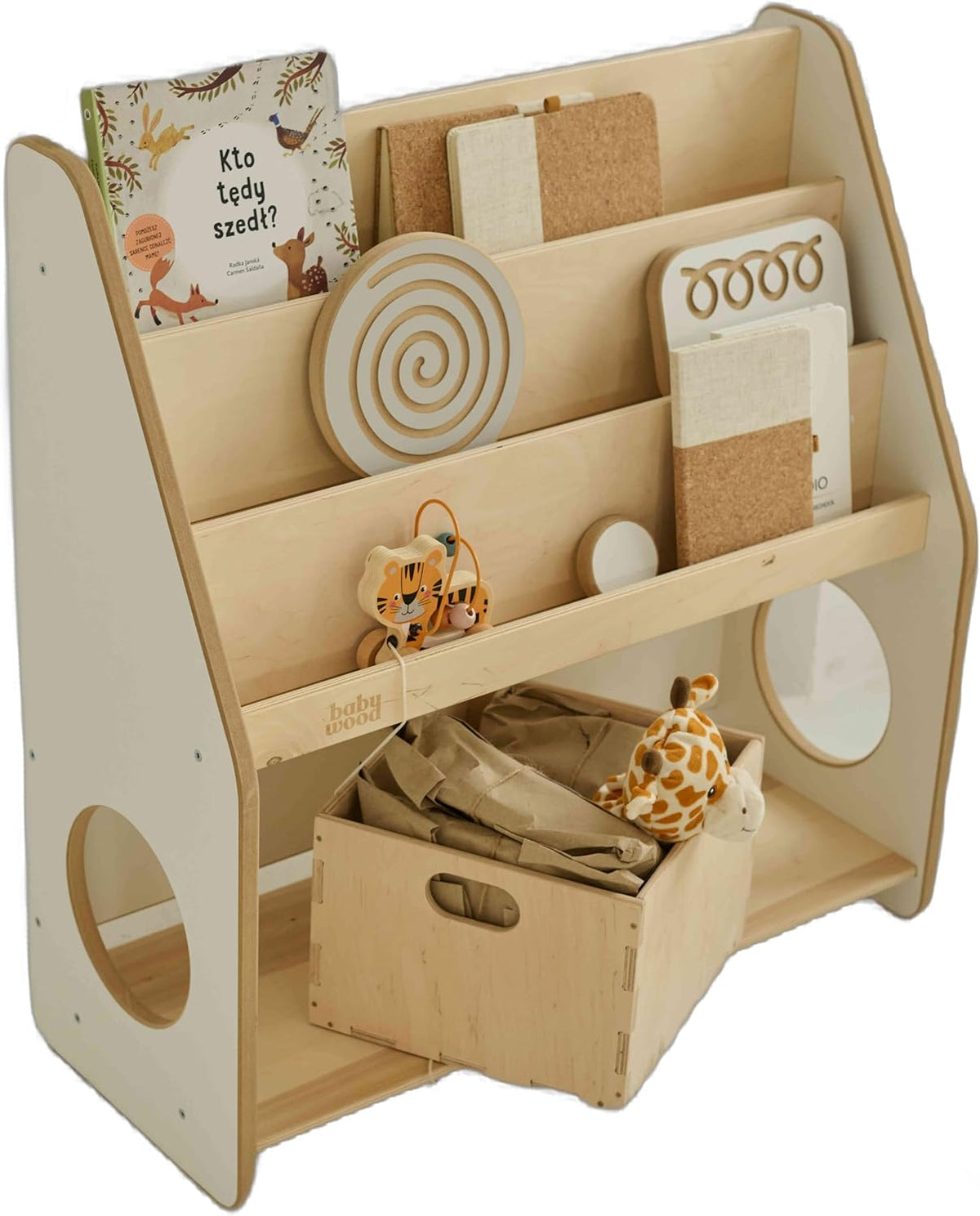 Babywood Bibliothèque en Bois pour Enfants | Étagère Montessori avec 2 Caisses à Jouets | Rangement Sûr pour Chambre d'Enfant