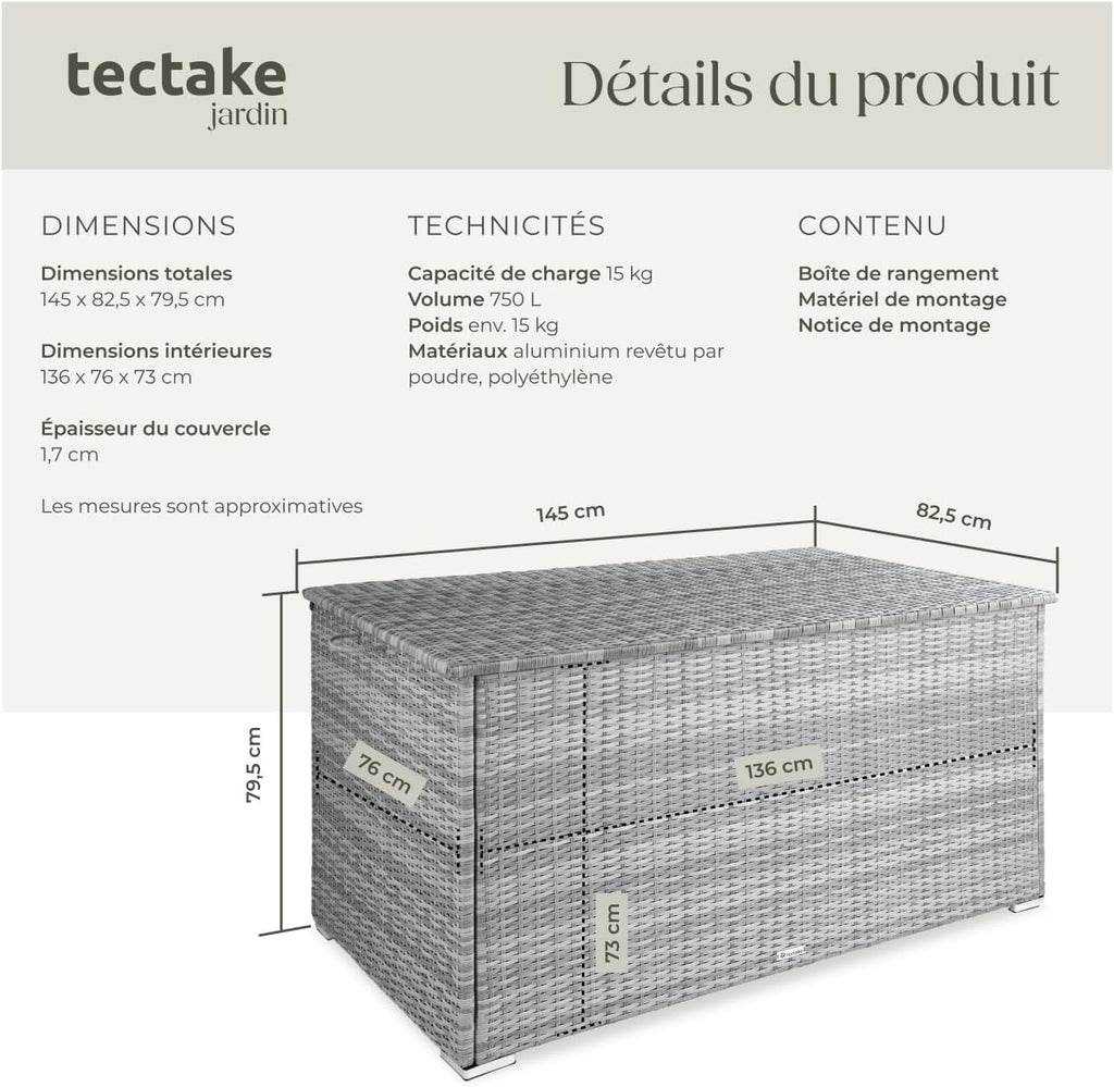 TecTake® Coffre de jardin Exterieur, Coffre à Coussins 750 L en Aluminium Polyrotin 145 x 82,5 x 79,5 cm, Couvercle Rabattable, Poignées pour Rangement des Outils de Jardin, Jouets