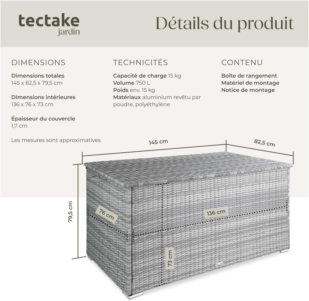 TecTake® Coffre de jardin Exterieur, Coffre à Coussins 750 L en Aluminium Polyrotin 145 x 82,5 x 79,5 cm, Couvercle Rabattable, Poignées pour Rangement des Outils de Jardin, Jouets