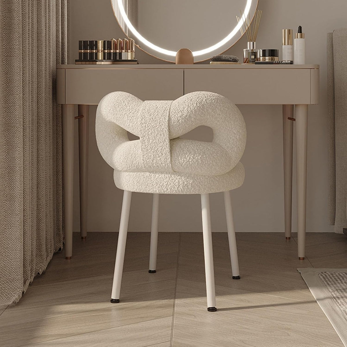 Tabouret de coiffeuse avec dossier réglable et nœud papillon - Chaise de maquillage sans accoudoirs pour chambre de fille - Élégant siège de coiffeuse avec coussinets de pieds - Blanc
