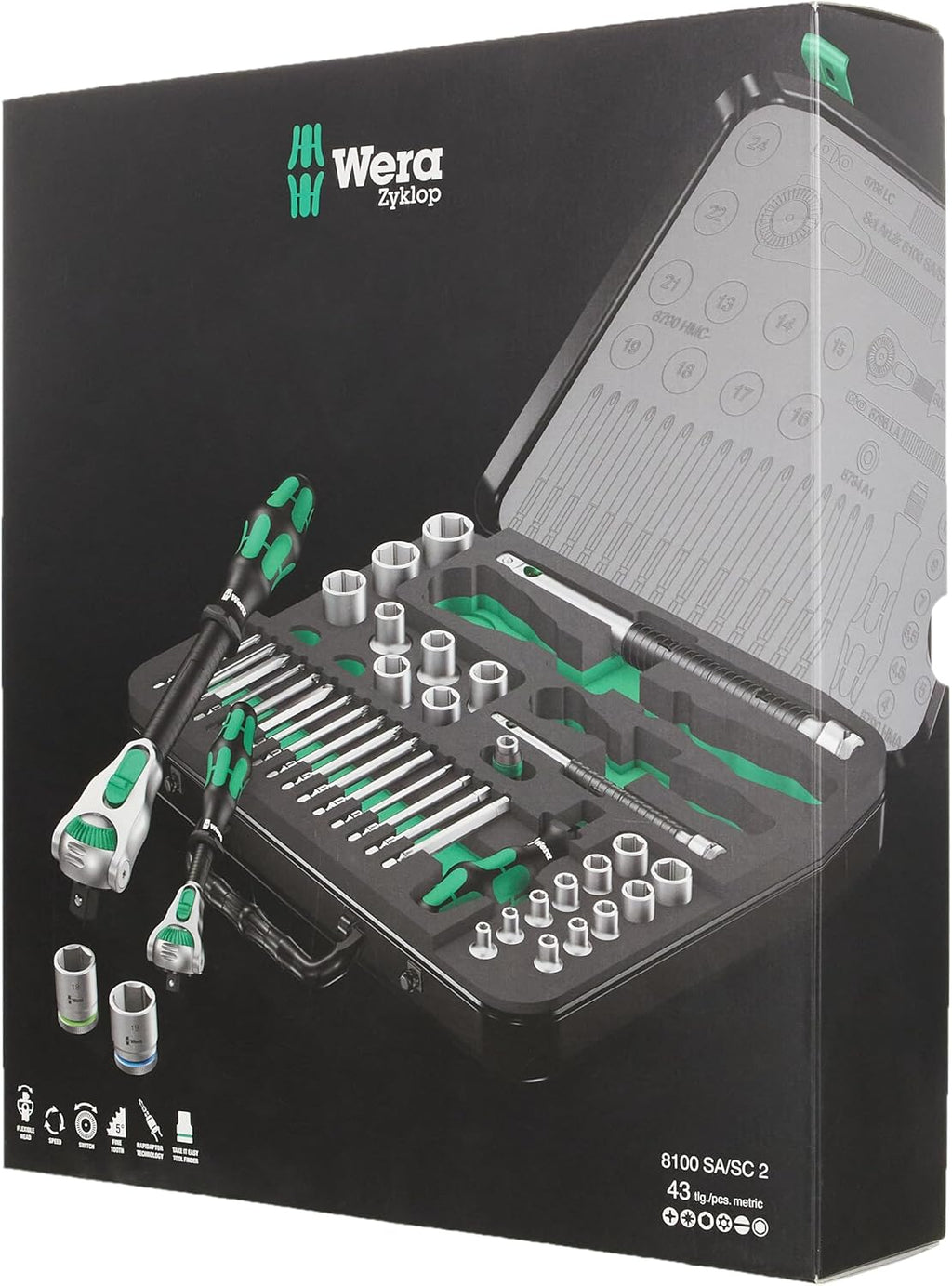 Wera Jeu de cliquet, Vert, 1/4, 1/2 Pouce métrique, 43-tlg