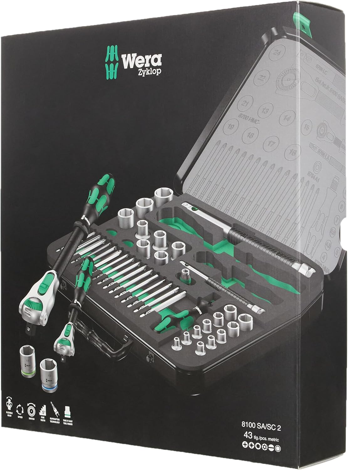 Wera Jeu de cliquet, Vert, 1/4, 1/2 Pouce métrique, 43-tlg