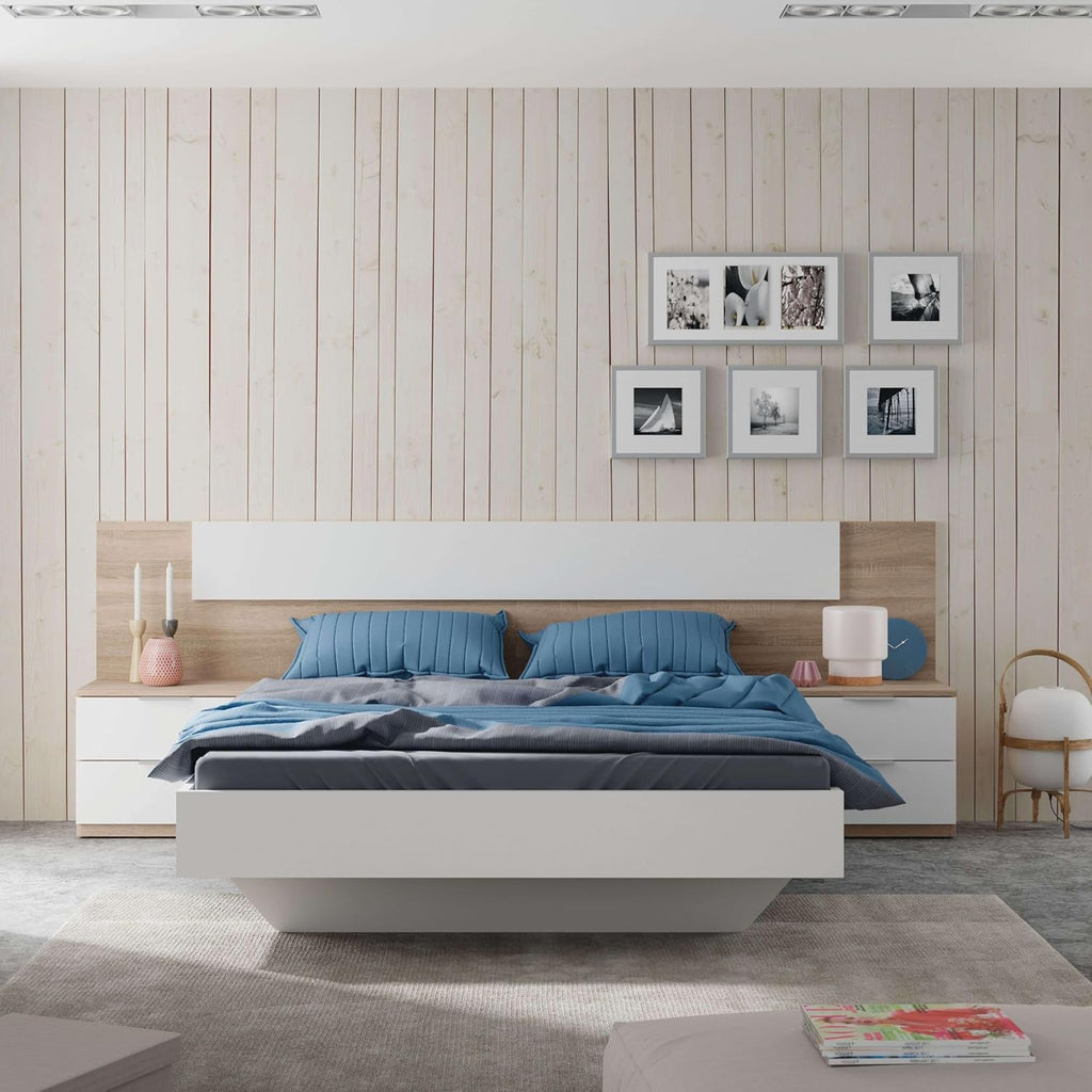 Habitdesign Modèle Alaya Tête de lit et 2 tables de chevet Blanc « Artik » et chêne canadien 247 x 50 x 38 cm