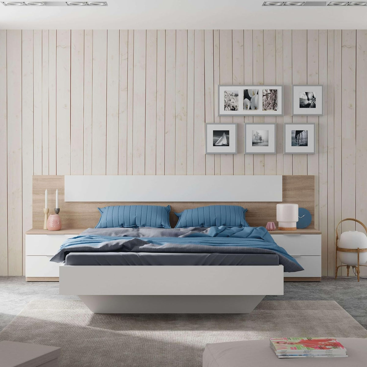 Habitdesign Modèle Alaya Tête de lit et 2 tables de chevet Blanc « Artik » et chêne canadien 247 x 50 x 38 cm