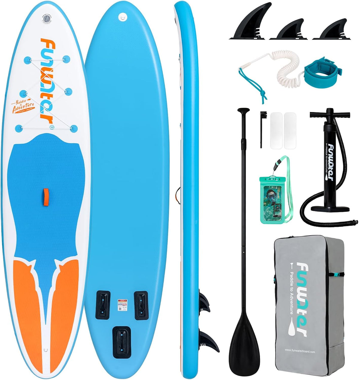 FunWater Planche Gonflable de Stand Up Paddle Accessoires complets Planche de Paddle réglable Pompe Sac à Dos de Voyage Sac étanche pour téléphone Finlandaise Planche de Surf