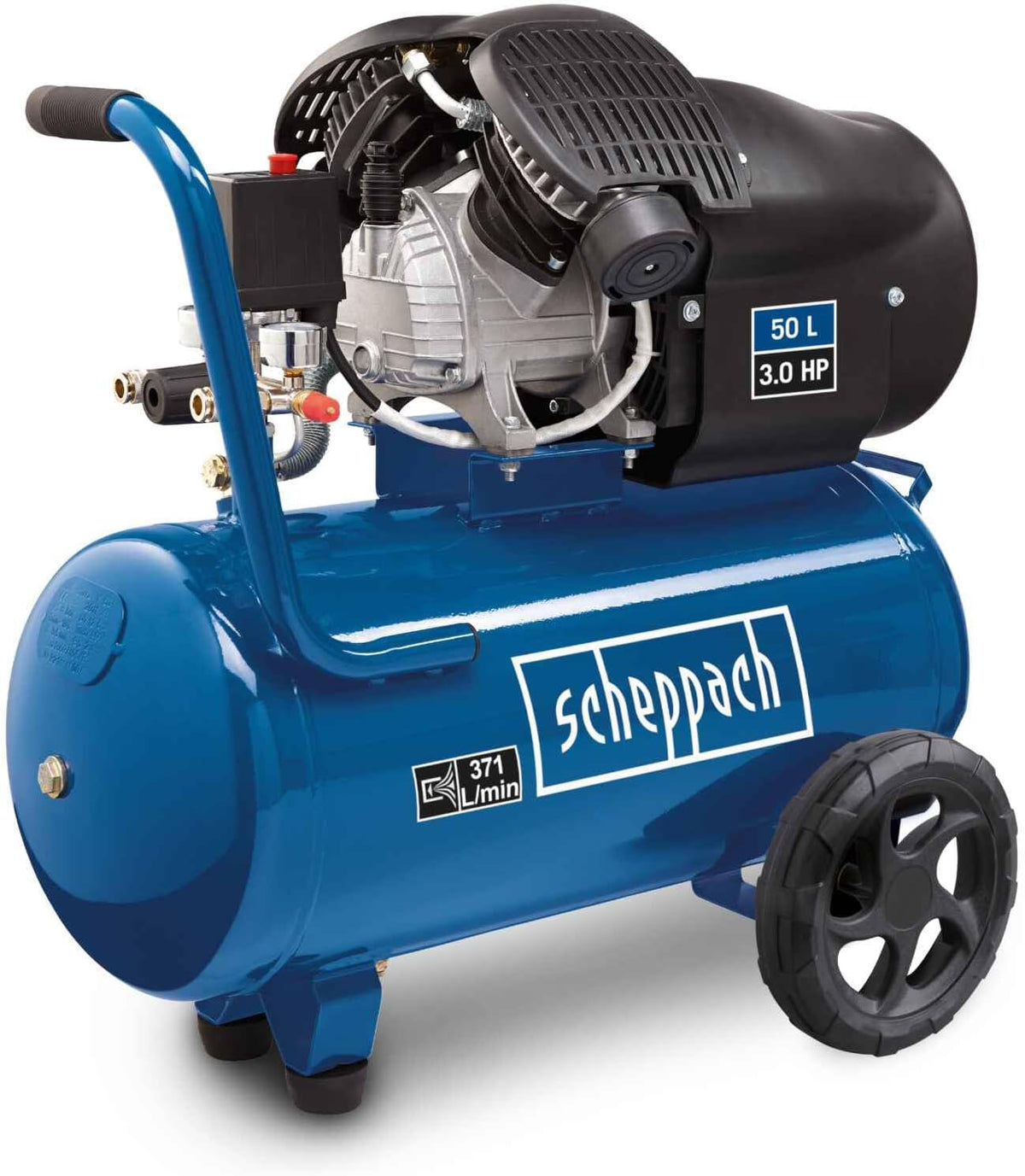 Compresseur Scheppach HC53DC (2200 watts, 50 L, 10 bar, puissance d'aspiration 412 L/min, limiteur de pression, lubrification à l'huile, vérin double)