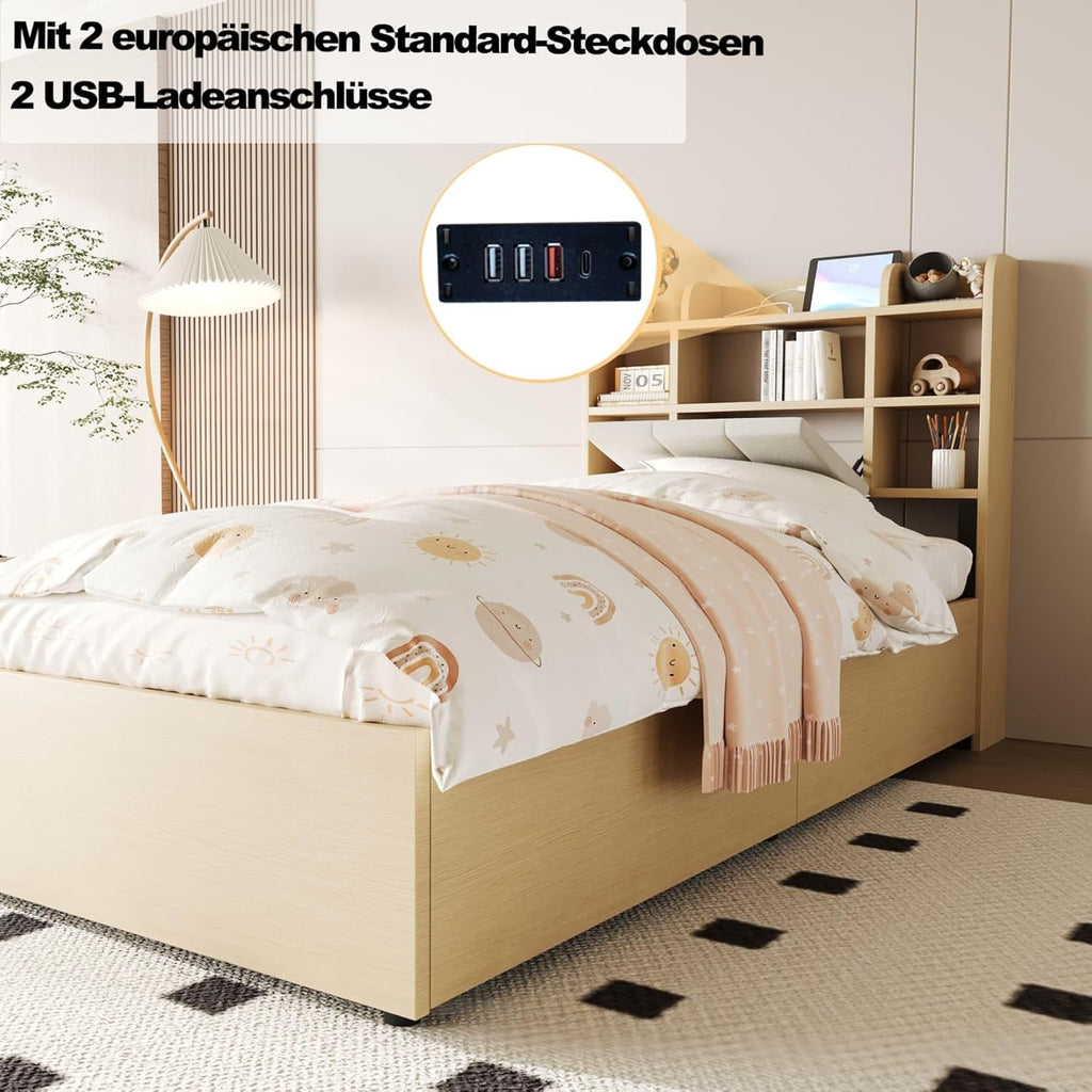 EURHCIO Lit Une Place 90x200 avec Ports USB/C,Tête de lit à Rangement,Lit Coffre avec Sommier à Lattes Solide,pour Ado Adulte Naturel, 90x200