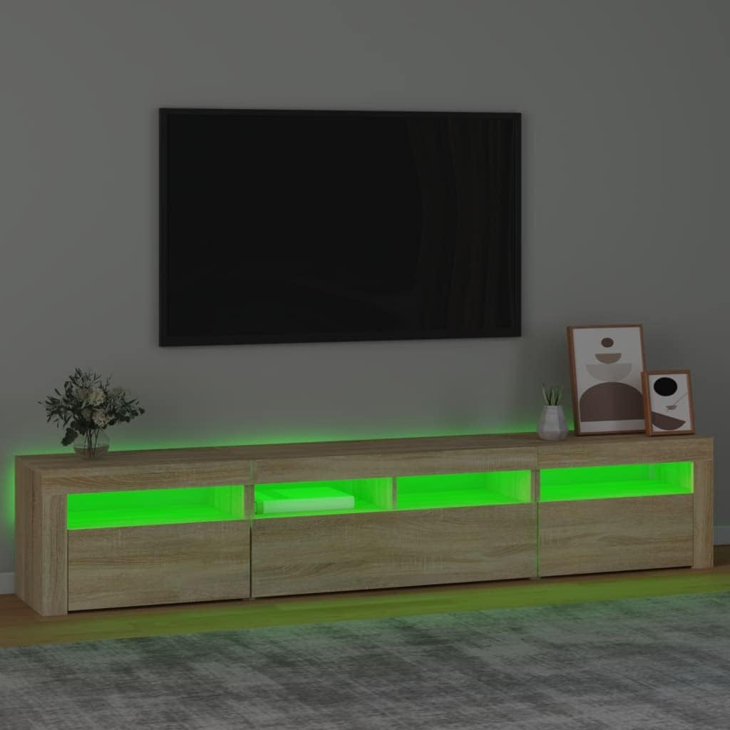 Mandloder Meuble TV avec lumières LED, chêne Sonoma, 220 cm de large, meuble multimédia pour salon, centre de divertissement avec espace de rangement