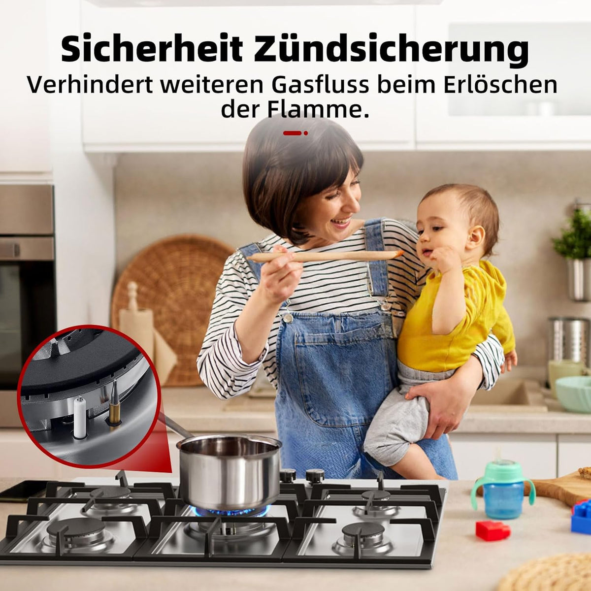 GASLAND GH2705SS1FC 76 cm Table de Cuisson à Gaz Encastrable Inox 5 Feux, Fonctionne au GPL ou au Gaz Naturel, Brûleur Wok, 10400 Watts