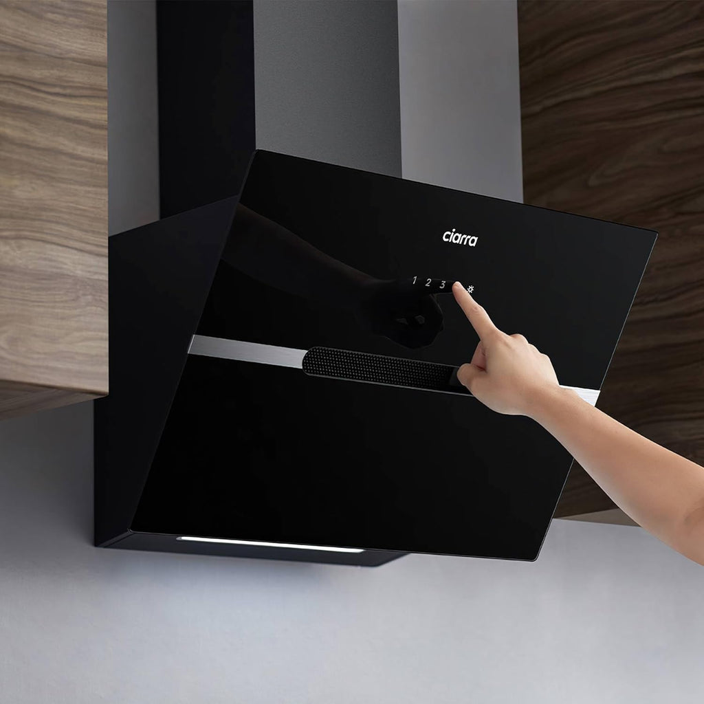 Ciarra CBCB6736F Classe A+++ Hotte Aspirante Inclinée 60cm - 650m3/h - Commande Tactile et Wi-Fi - Fonction Boost - Design en Verre Élégant - Noir