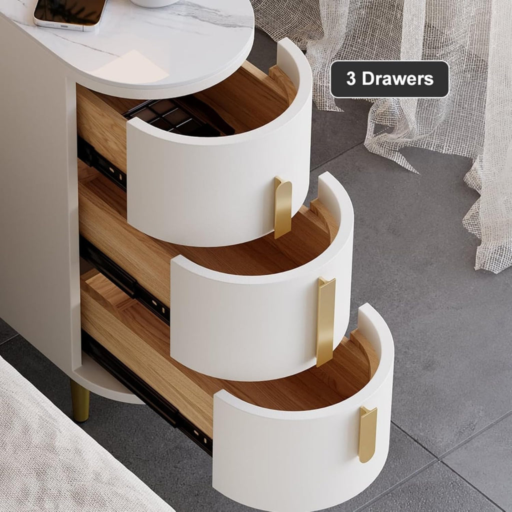 Homary Table de Chevet Étroite en Cuir à 3 Tiroirs, Dessus Pierre Frittée, Petit Meuble de Rangement Élégant pour Chambre Adulte (1, Blanc Cassé)