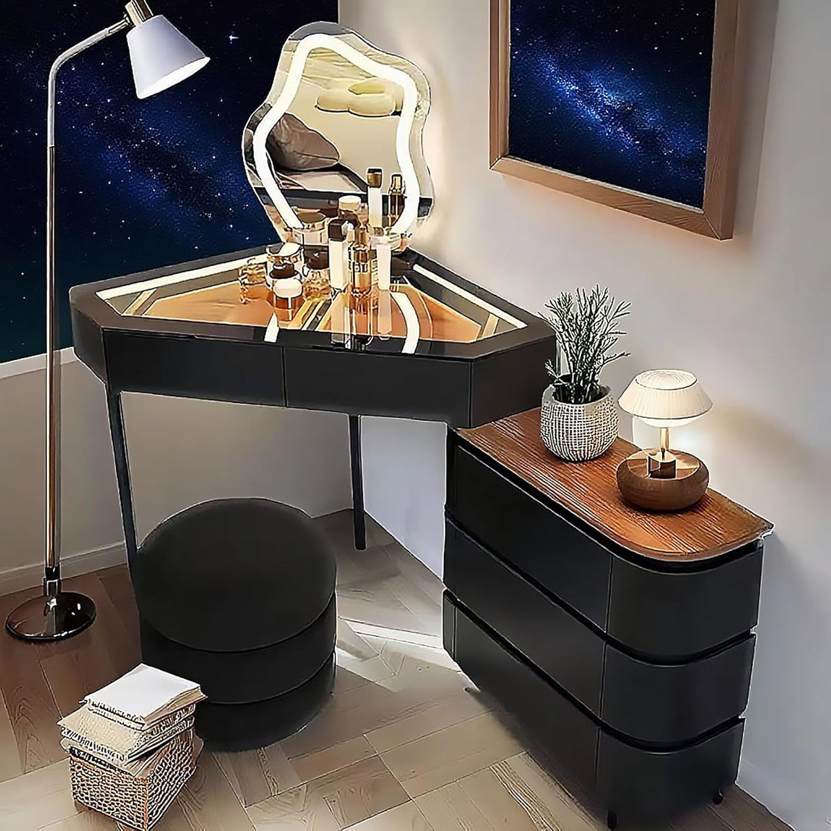 Generisch Ensemble de coiffeuse d'angle avec tabouret, table de maquillage avec 3 éclairages LED réglables/5 tiroirs, table de maquillage en L pour la chambre à coucher, 80 cm Noir