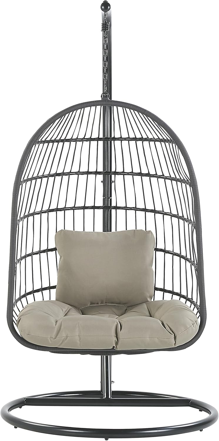 Fauteuil Suspendu Gris avec Coussin et Support Noir 102 cm en Métal et Rotin Très Confortable pour Extérieur Style Boho Beliani