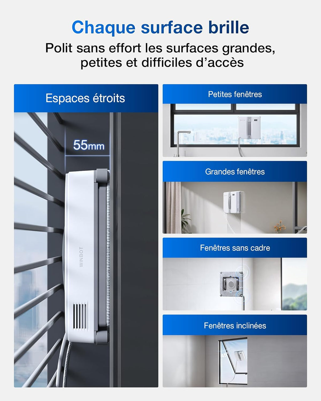 ECOVACS WINBOT Mini Robot de Nettoyage de vitres, Design Compact, Double Buses avec pulvérisation ultrasonique, système de Protection à 9 étapes, Planification Intelligente du Trajet, Blanc