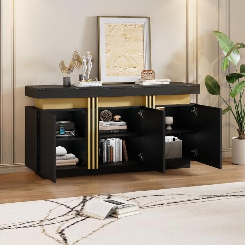 muenfly Buffet moderne avec 3 portes et plan de travail marbré, meuble TV de 140 cm avec tiroirs et compartiments réglables, polyvalent comme armoire de couloir ou commode pour le salon