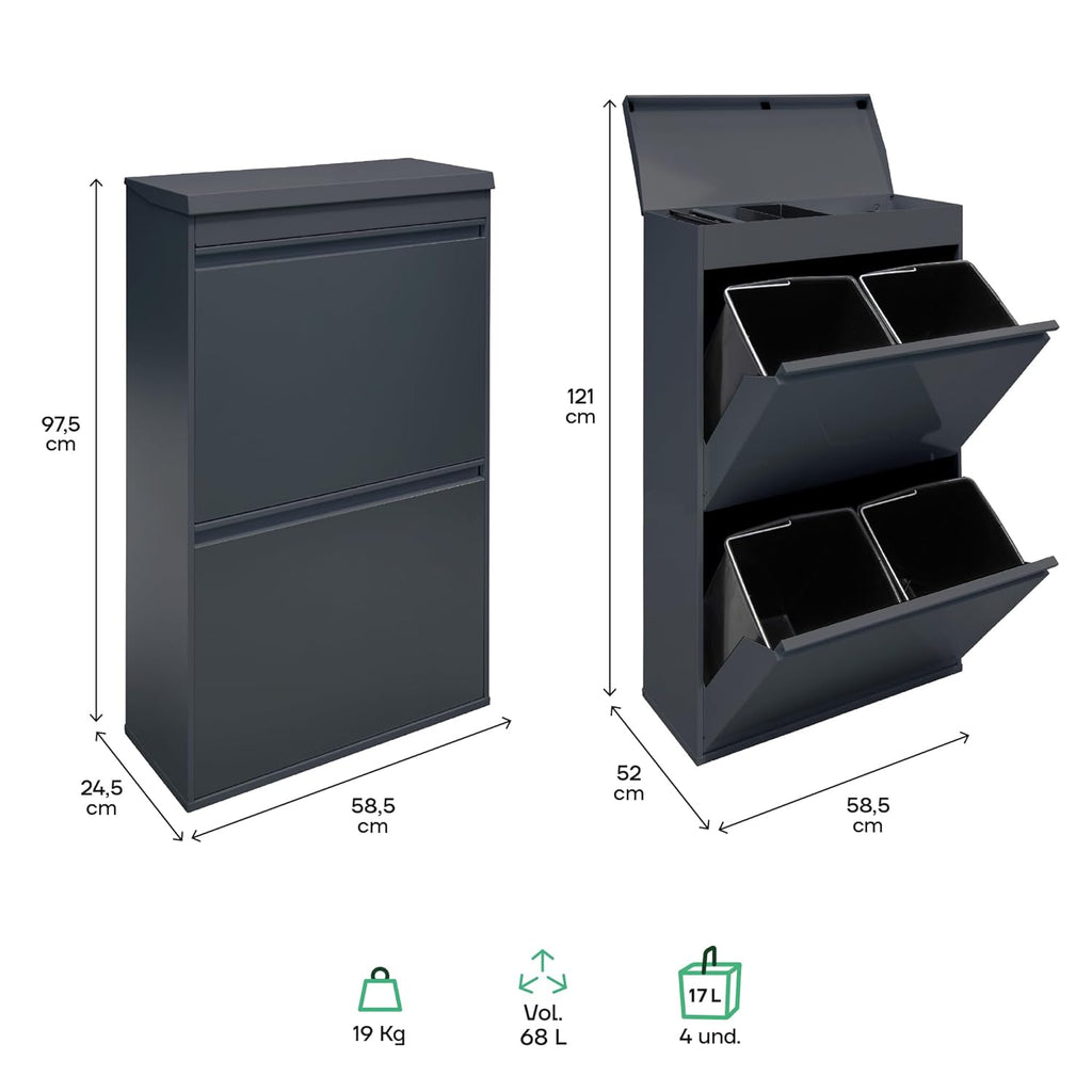 ARREGUI Top CR624-B Poubelle de recyclage en acier, poubelle de tri sélectif, 4 seaux, avec plateau supérieur multifonction, 4 x 17 L (68 L), gris foncé anthracite