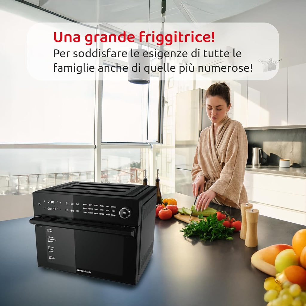 Melchioni Family | Heißluftfritteuse mit 30 Liter Kapazität BENEDETTA, Digitales Display, Dual Cook Funktion, Air Fryer mit 18 Programmen, 30-230°C, Timer 12h, Schwarz, Noire
