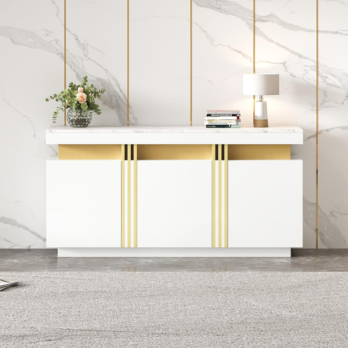 Merax Buffet - Armoire de cuisine avec 3 portes - Armoire de rangement moderne avec plan de travail - Étagère réglable - Armoire de salle à manger pour salon, salle à manger, couloir - Aspect marbre